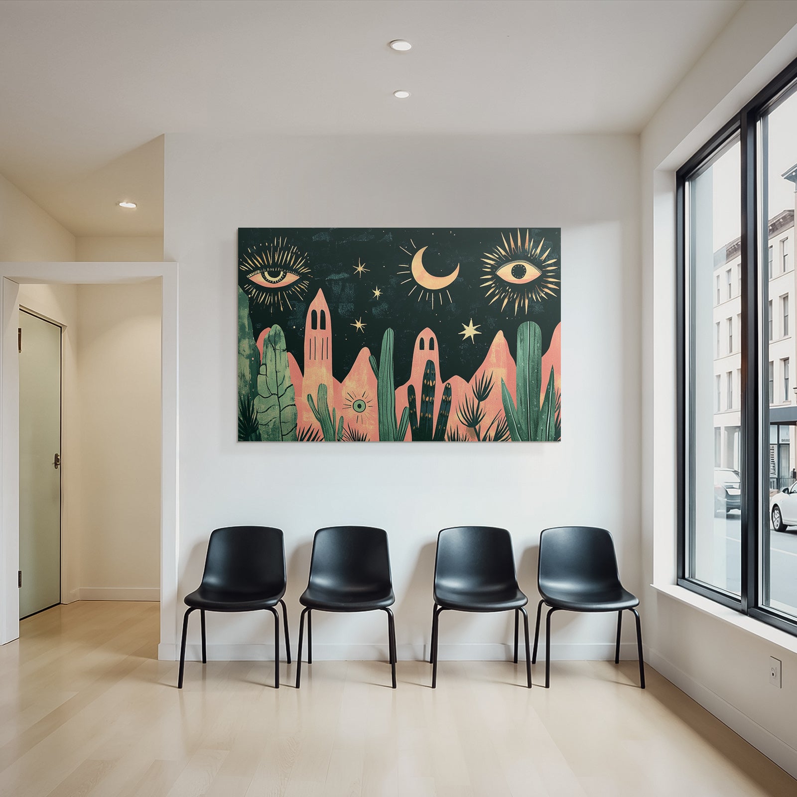 Illustration Nacht Himmel Mond Sterne Augen Pflanzen Berge