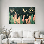 Illustration Nacht Himmel Mond Sterne Augen Pflanzen Berge