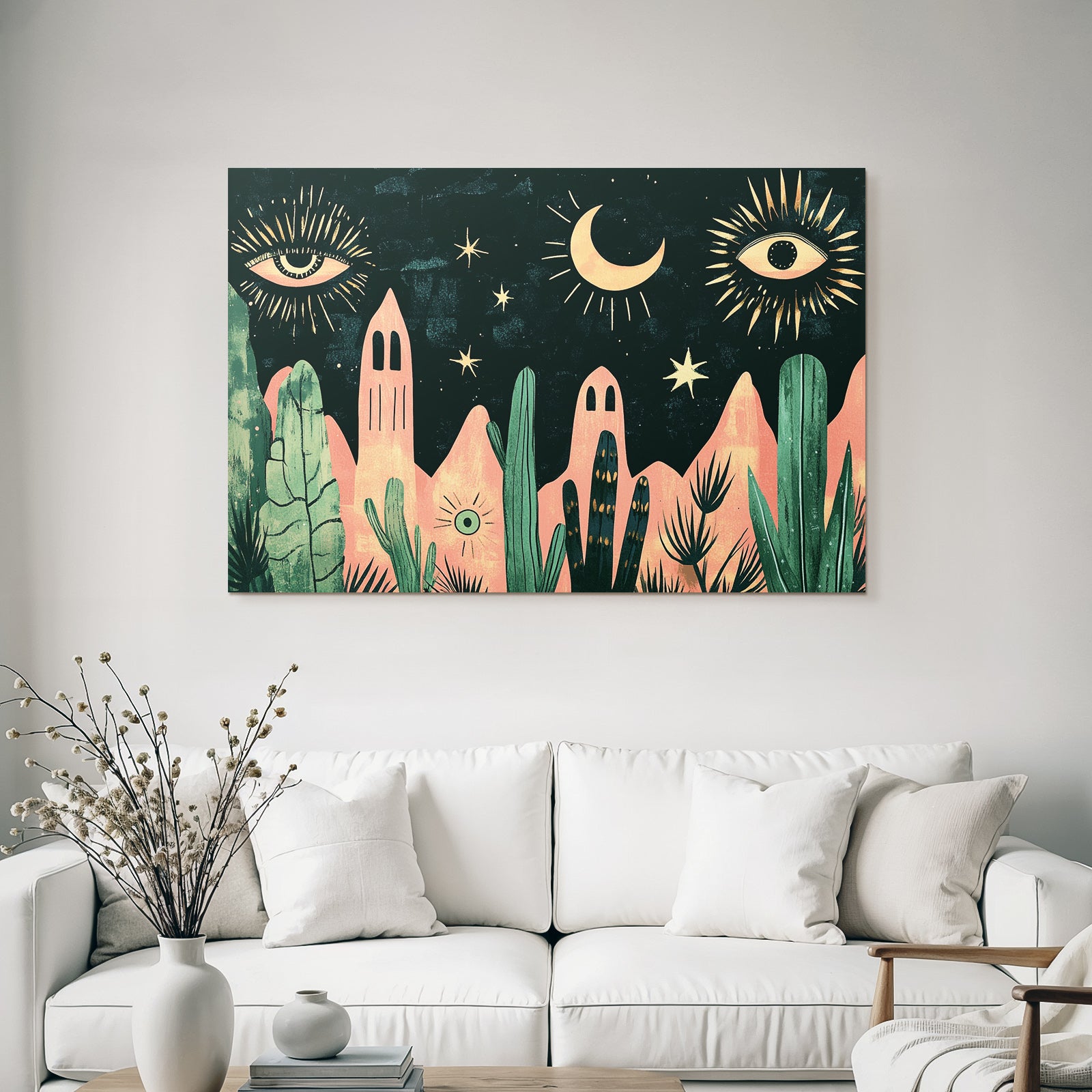 Illustration Nacht Himmel Mond Sterne Augen Pflanzen Berge