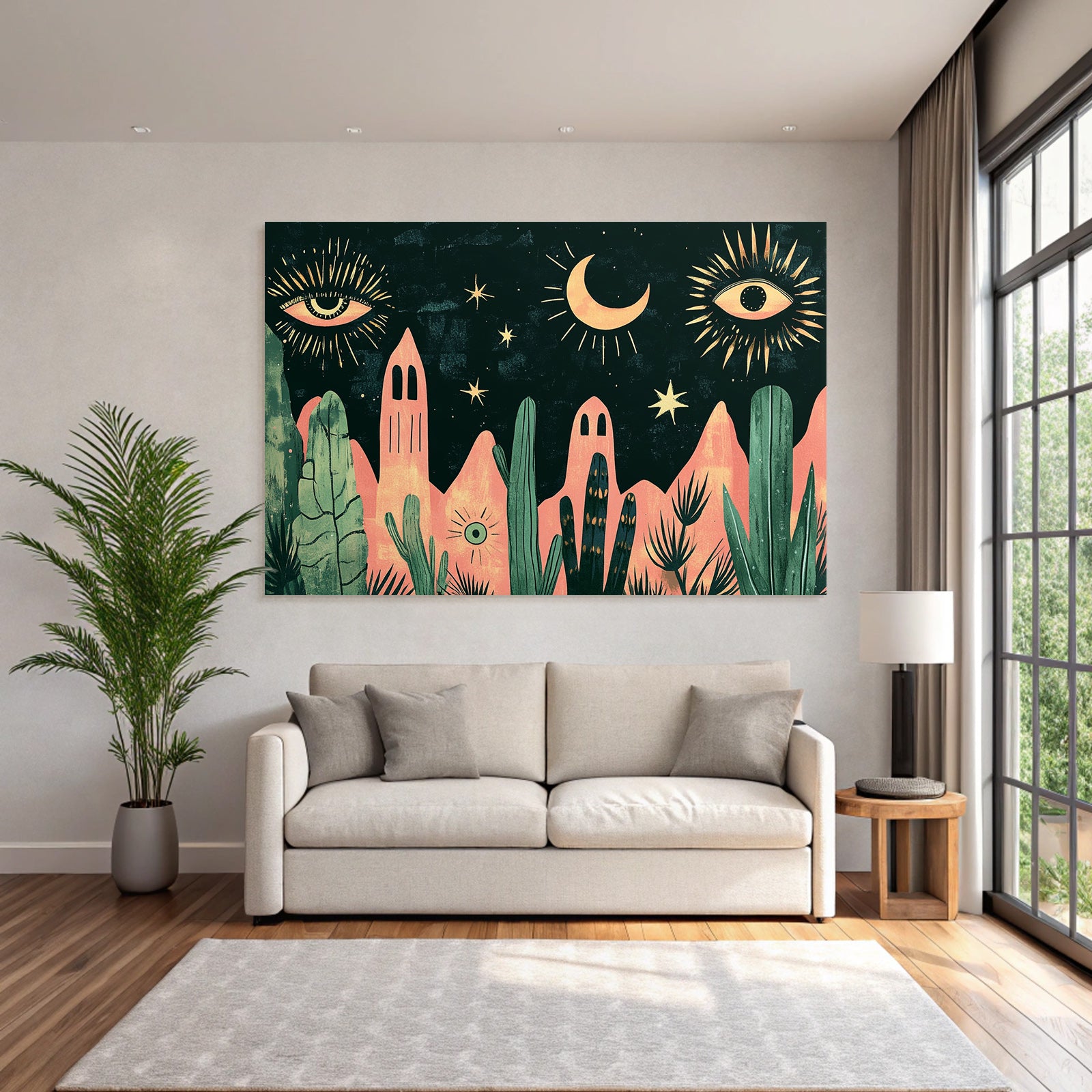Illustration Nacht Himmel Mond Sterne Augen Pflanzen Berge
