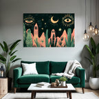 Illustration Nacht Himmel Mond Sterne Augen Pflanzen Berge