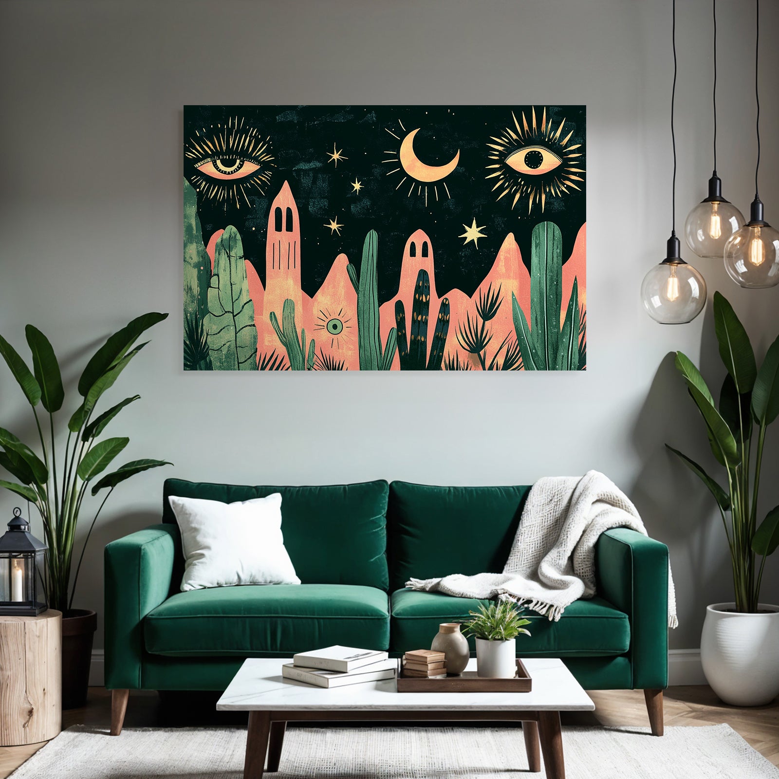 Illustration Nacht Himmel Mond Sterne Augen Pflanzen Berge