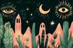Illustration Nacht Himmel Mond Sterne Augen Pflanzen Berge | Boho Eklektisch | Einrichtungsstile