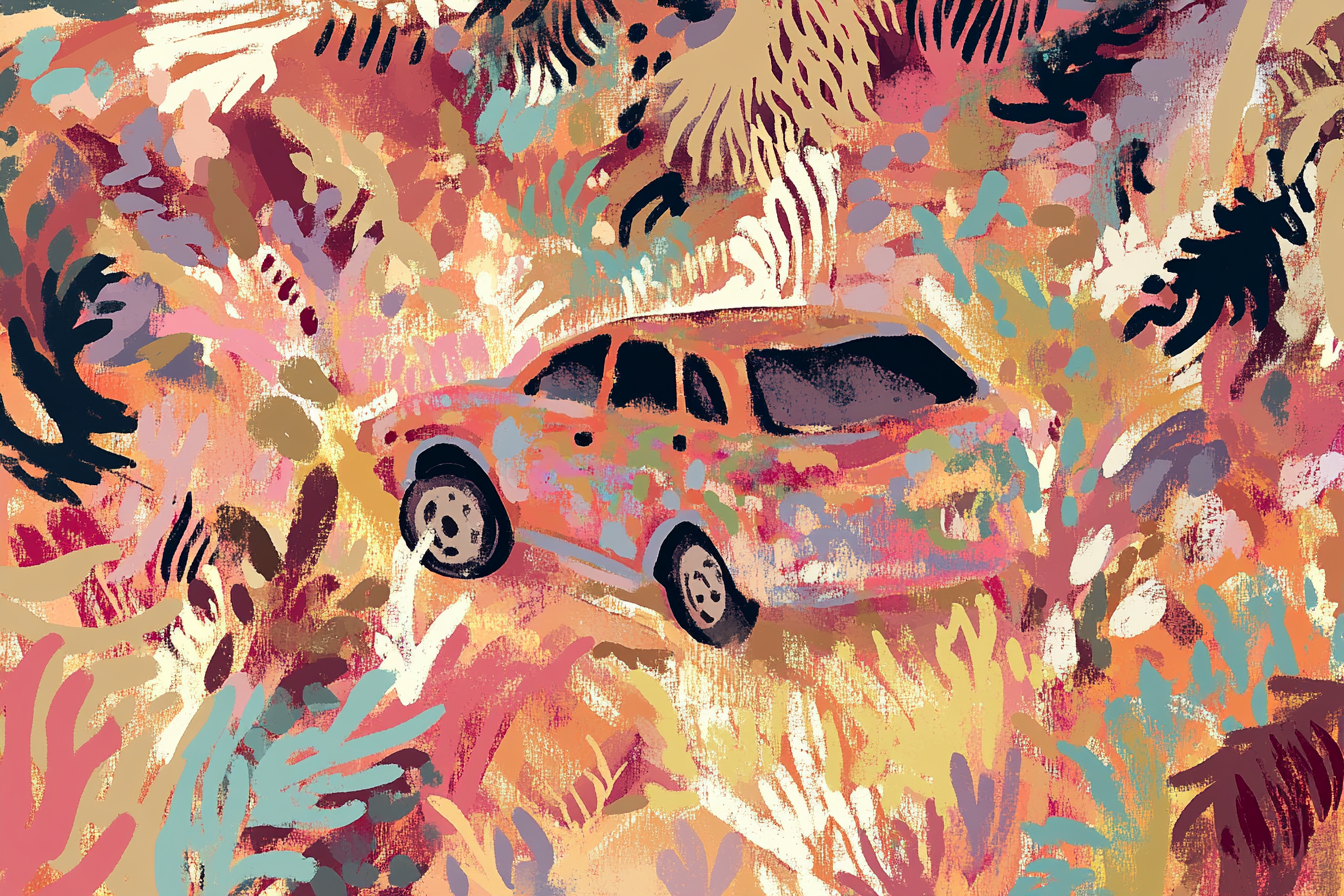 Kuenstlerische Darstellung Eines Autos Umgeben Von Buntem Laub | Boho Eklektisch | Einrichtungsstile