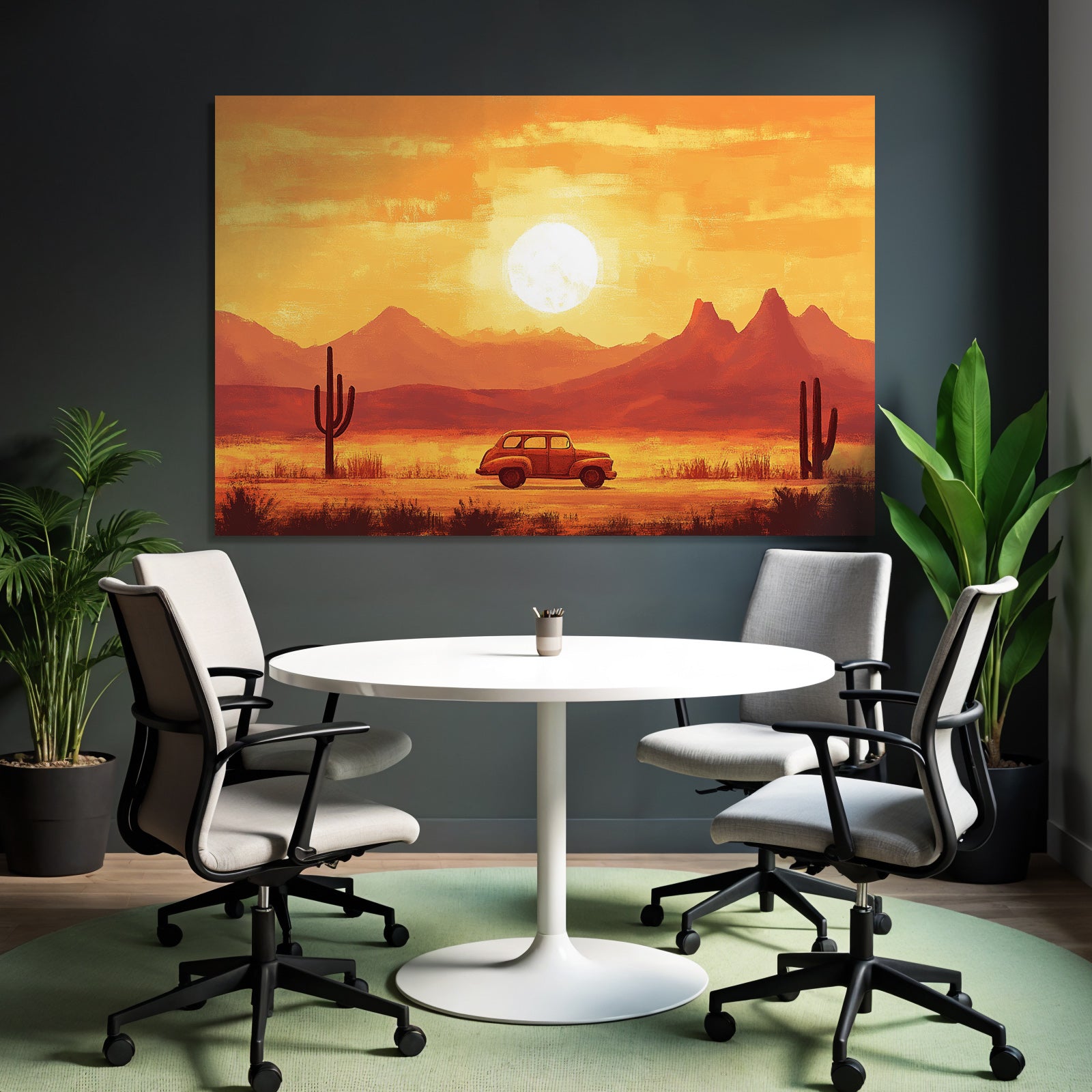 Landschaft Mit Auto Und Sonne Untergang