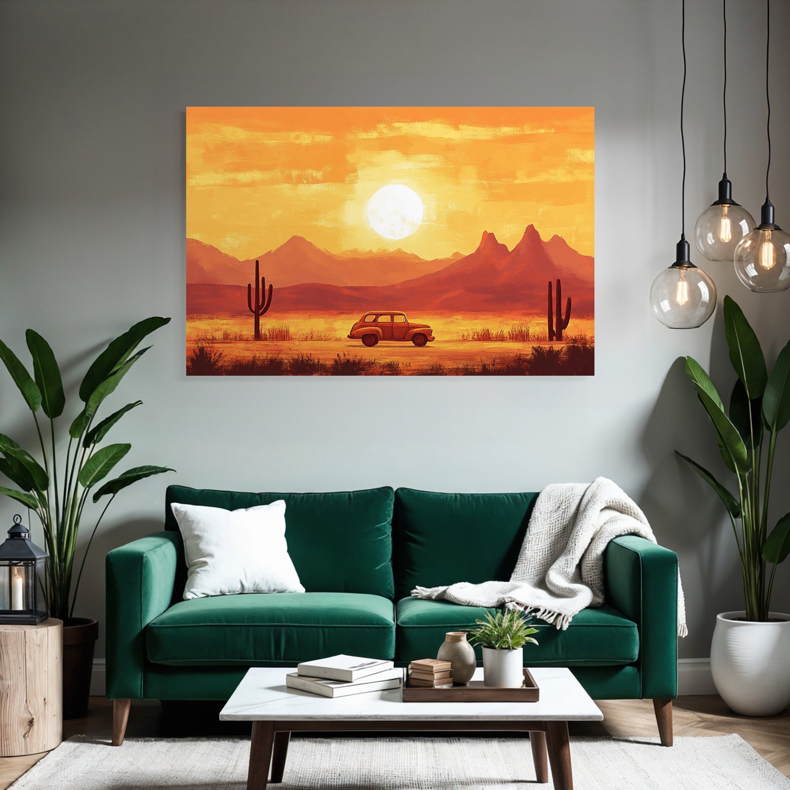 Landschaft Mit Auto Und Sonne Untergang