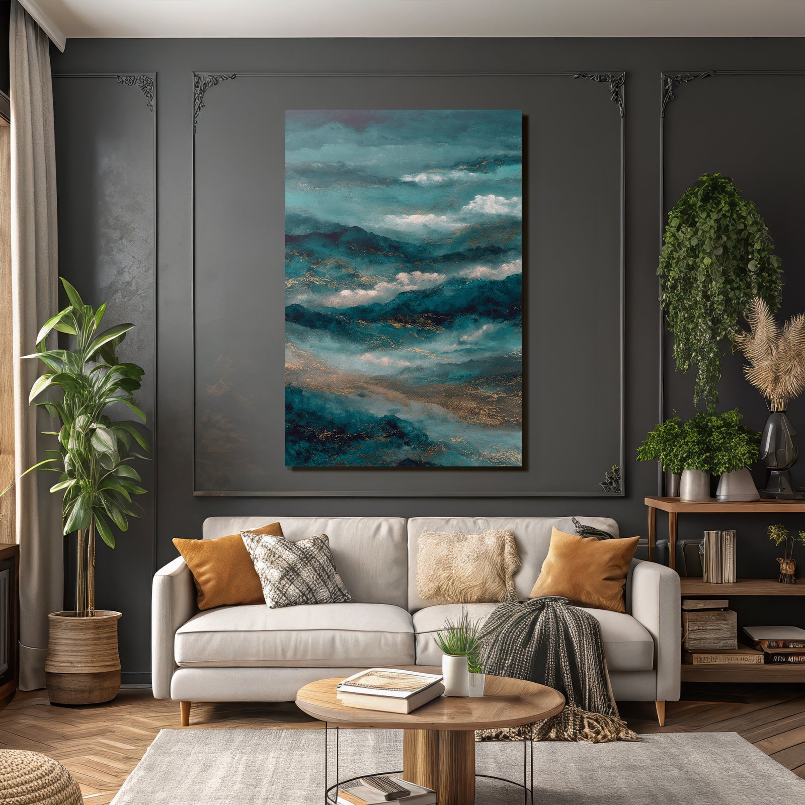 Abstraktes Design Meer Wellen Clouds Teal Blau Gold