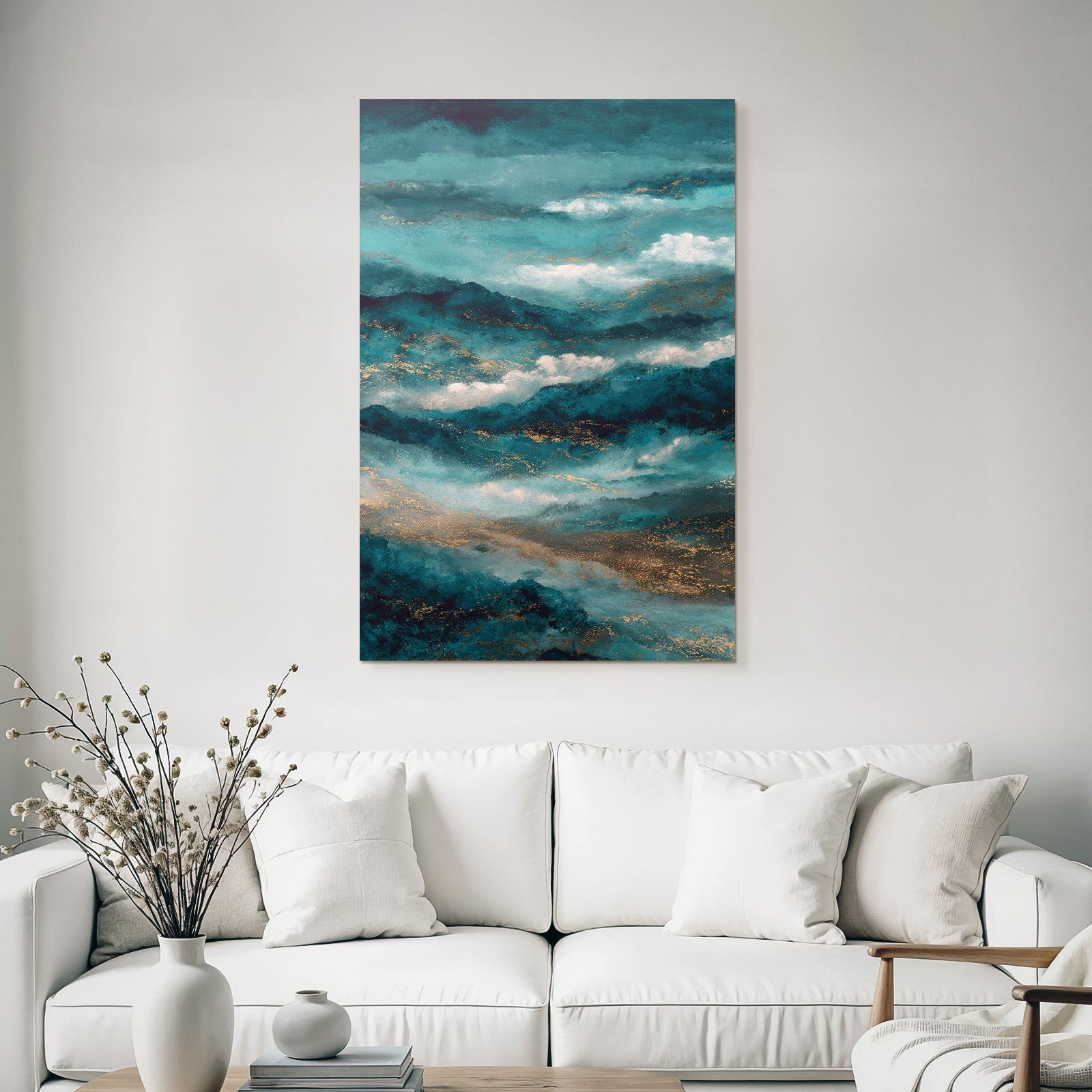 Abstraktes Design Meer Wellen Clouds Teal Blau Gold