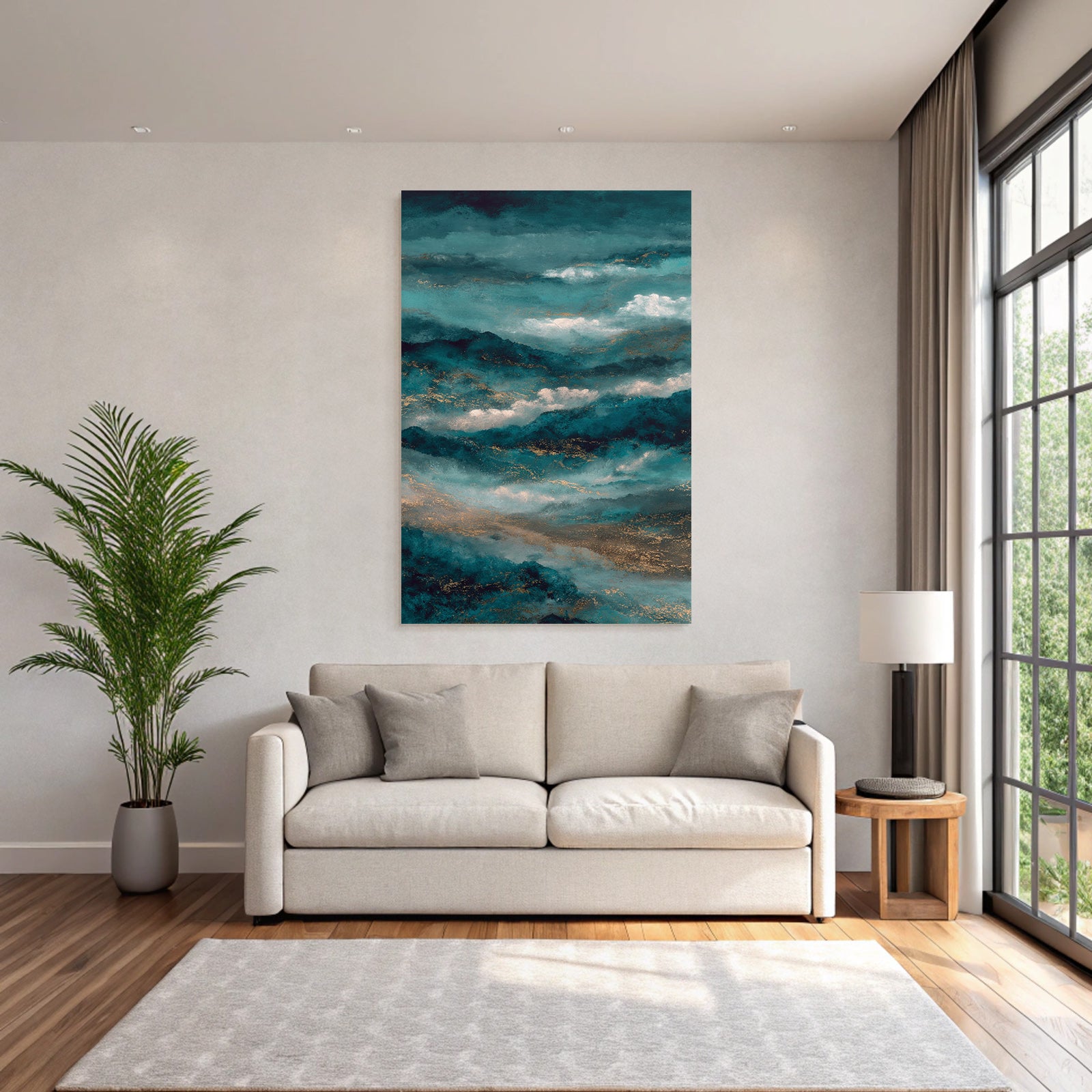 Abstraktes Design Meer Wellen Clouds Teal Blau Gold