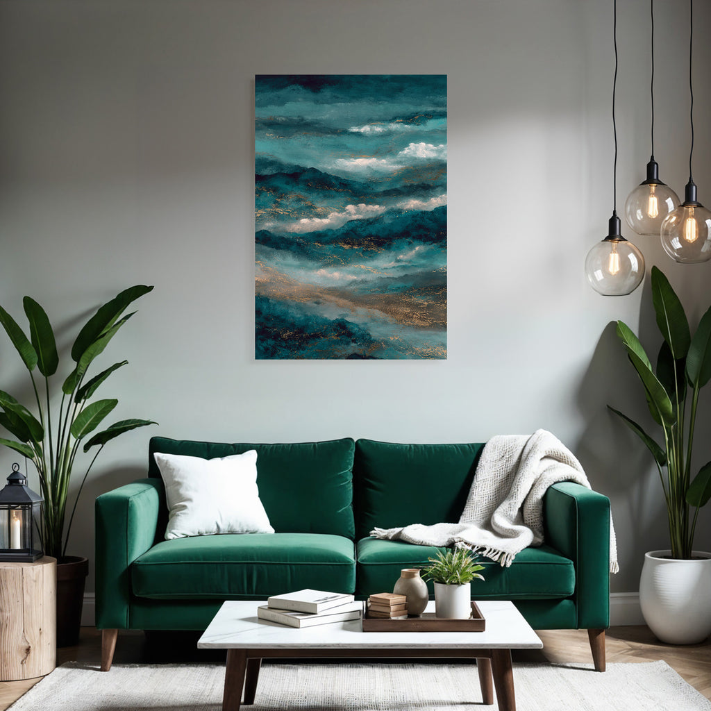 Abstraktes Design Meer Wellen Clouds Teal Blau Gold