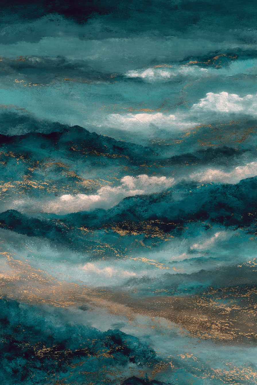 Abstraktes Design Meer Wellen Clouds Teal Blau Gold | Grandeur Chic | Einrichtungsstile