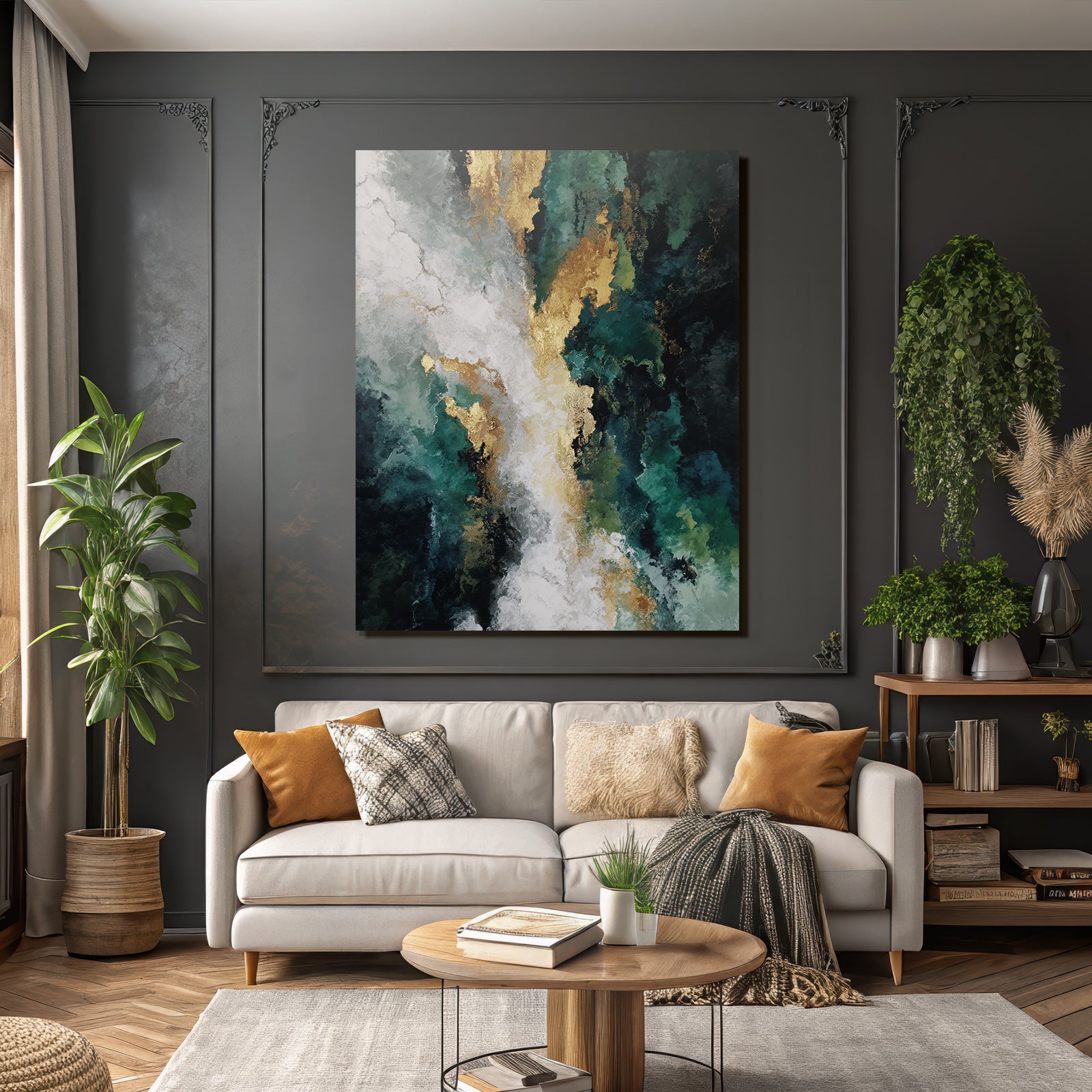 Abstraktes Kunstwerk In Bunten Farben Weiss Gruen Gold
