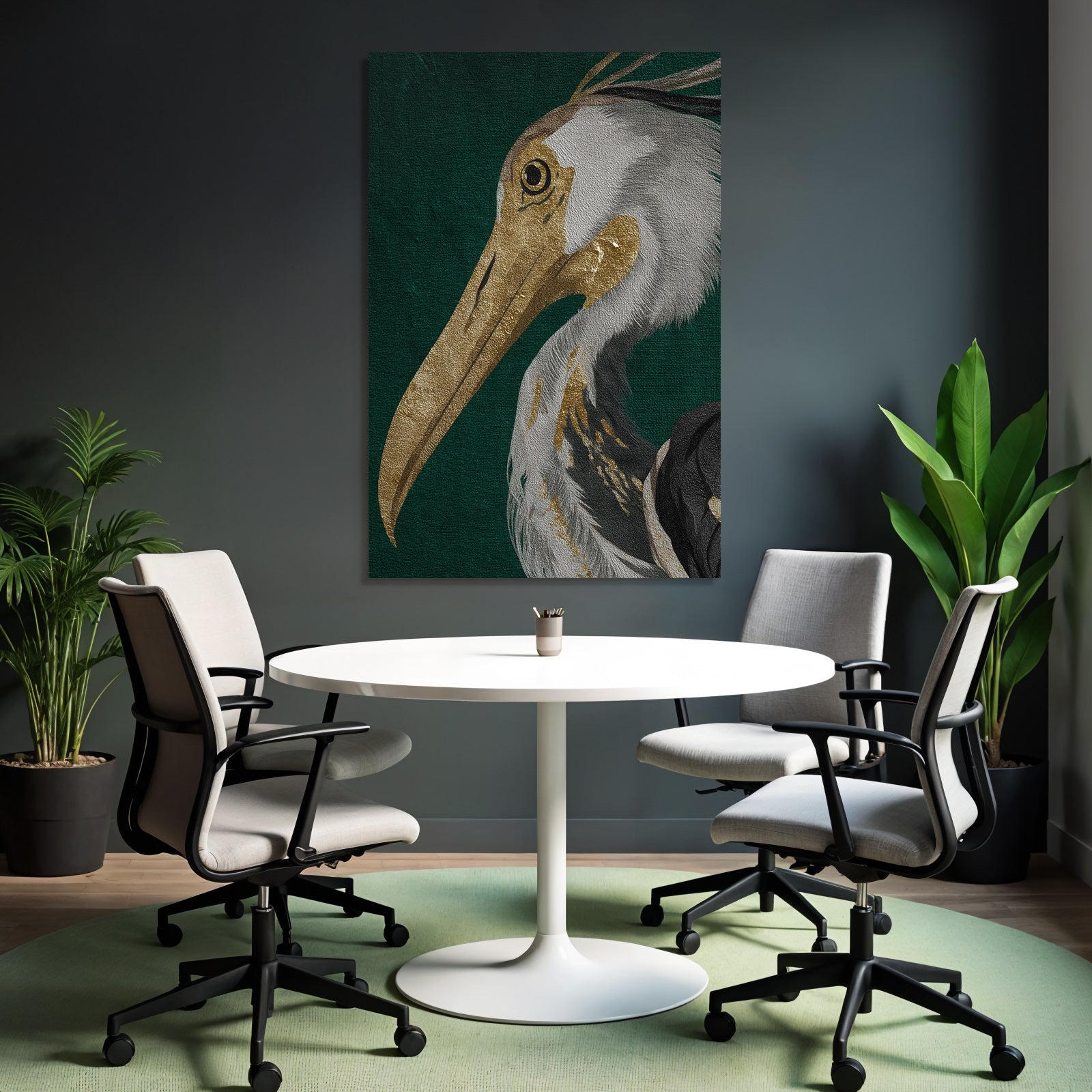 Kuenstlerische Darstellung Eines Vogels Heron Gold Grau Auf Gruenem Hintergrund