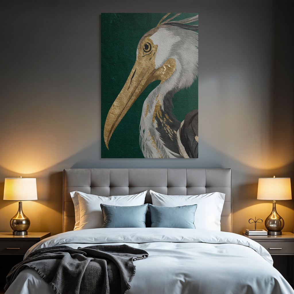 Kuenstlerische Darstellung Eines Vogels Heron Gold Grau Auf Gruenem Hintergrund