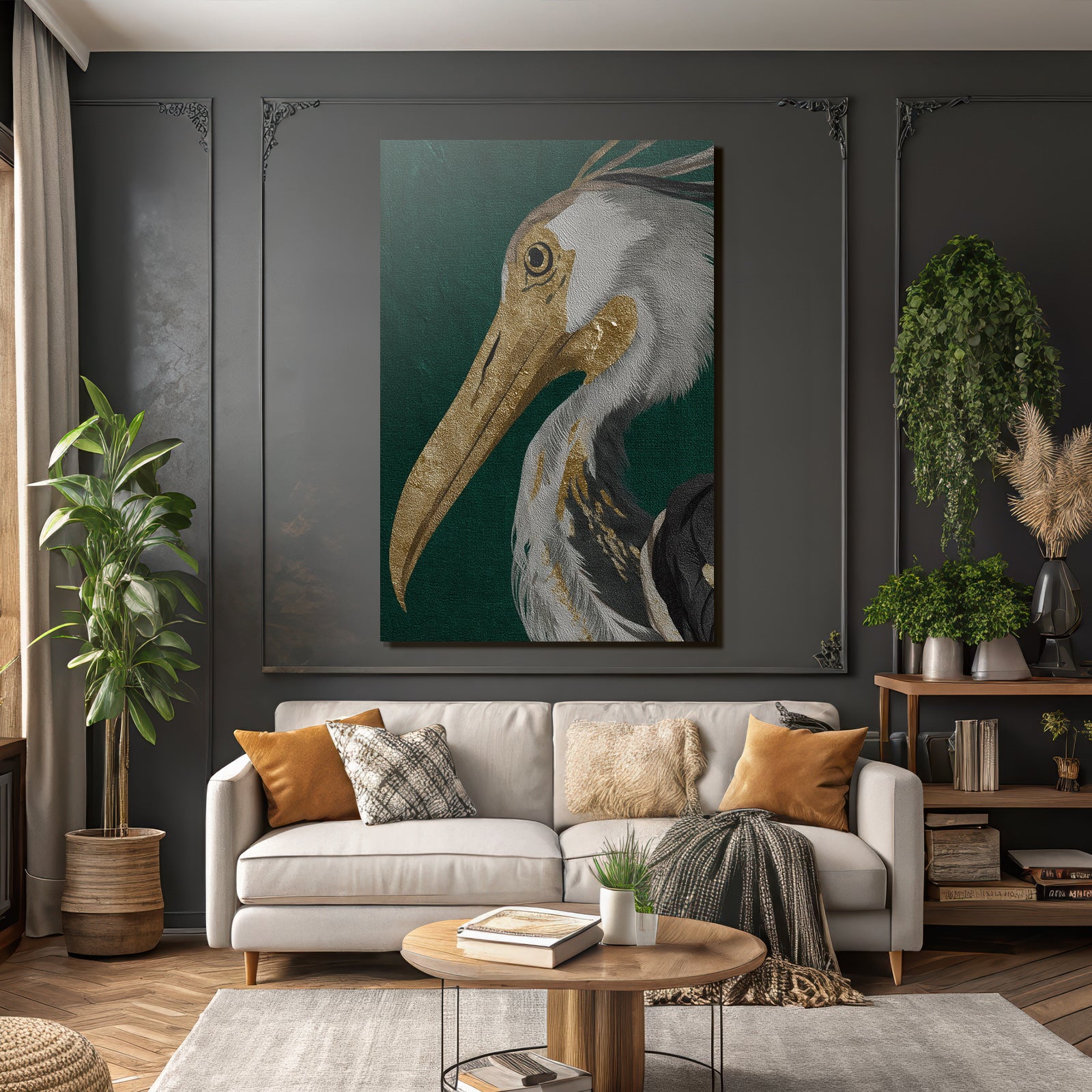 Kuenstlerische Darstellung Eines Vogels Heron Gold Grau Auf Gruenem Hintergrund