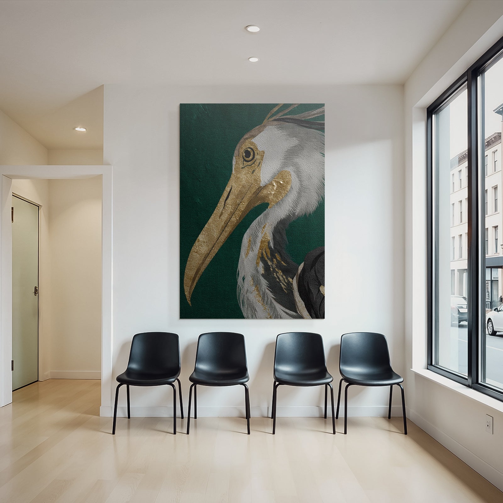 Kuenstlerische Darstellung Eines Vogels Heron Gold Grau Auf Gruenem Hintergrund