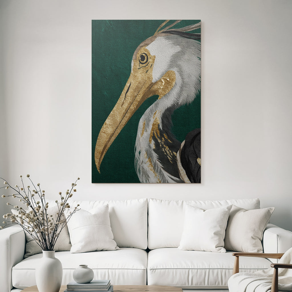 Kuenstlerische Darstellung Eines Vogels Heron Gold Grau Auf Gruenem Hintergrund
