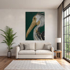 Kuenstlerische Darstellung Eines Vogels Heron Gold Grau Auf Gruenem Hintergrund