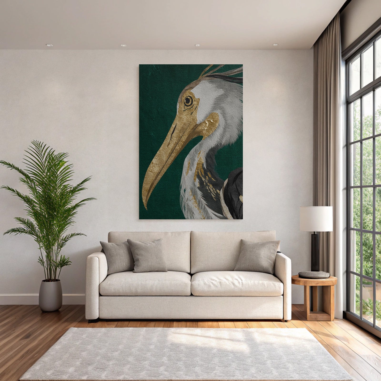 Kuenstlerische Darstellung Eines Vogels Heron Gold Grau Auf Gruenem Hintergrund
