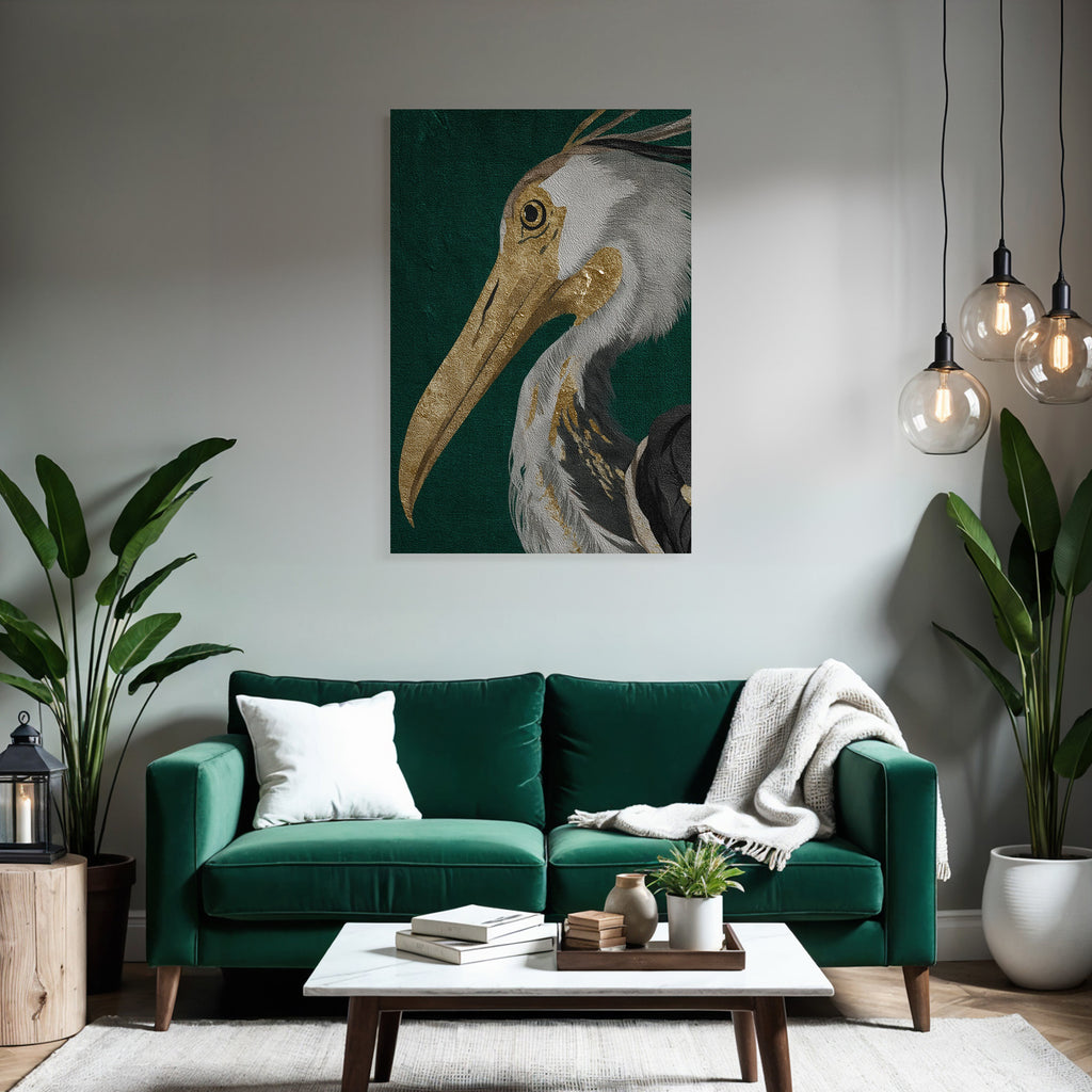 Kuenstlerische Darstellung Eines Vogels Heron Gold Grau Auf Gruenem Hintergrund