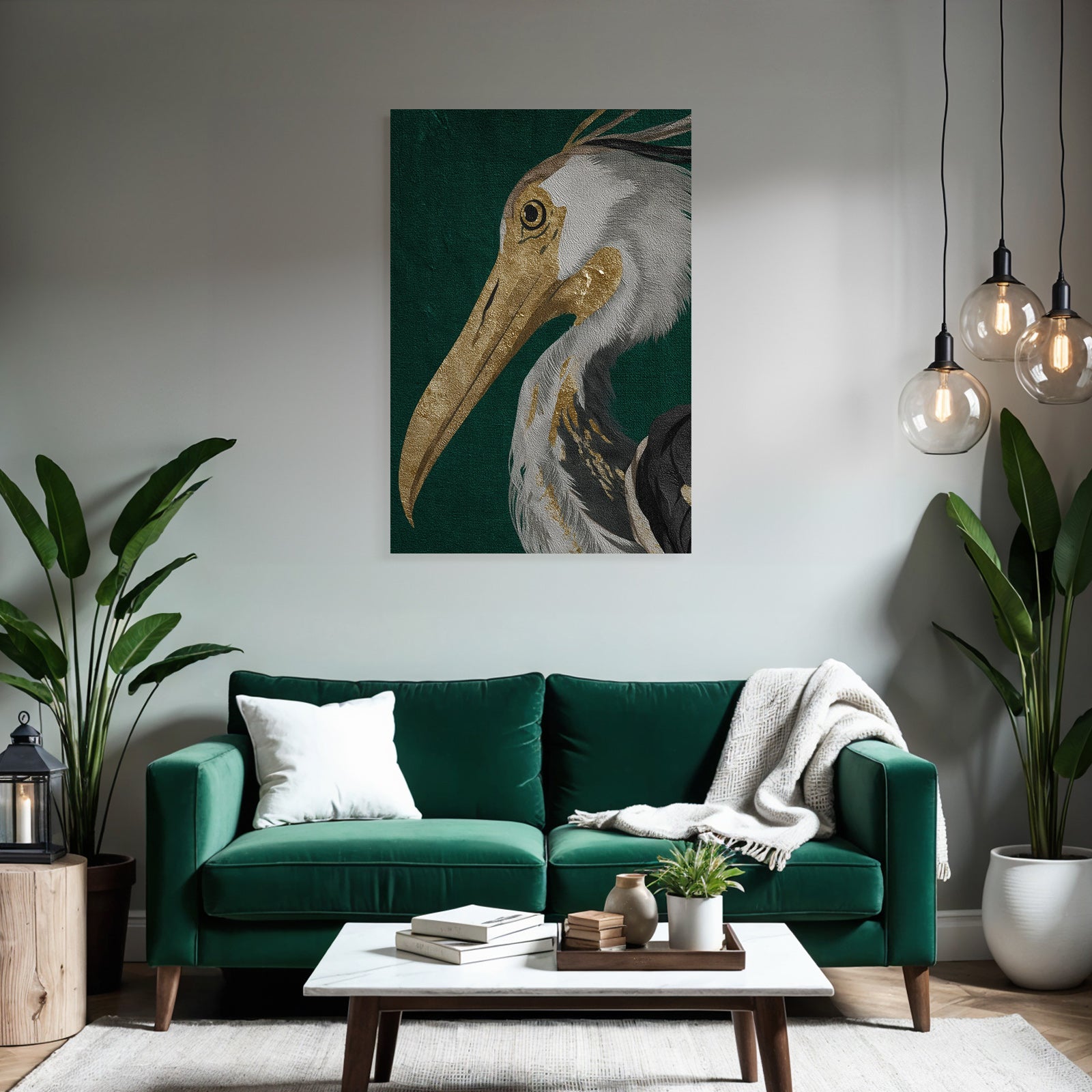 Kuenstlerische Darstellung Eines Vogels Heron Gold Grau Auf Gruenem Hintergrund