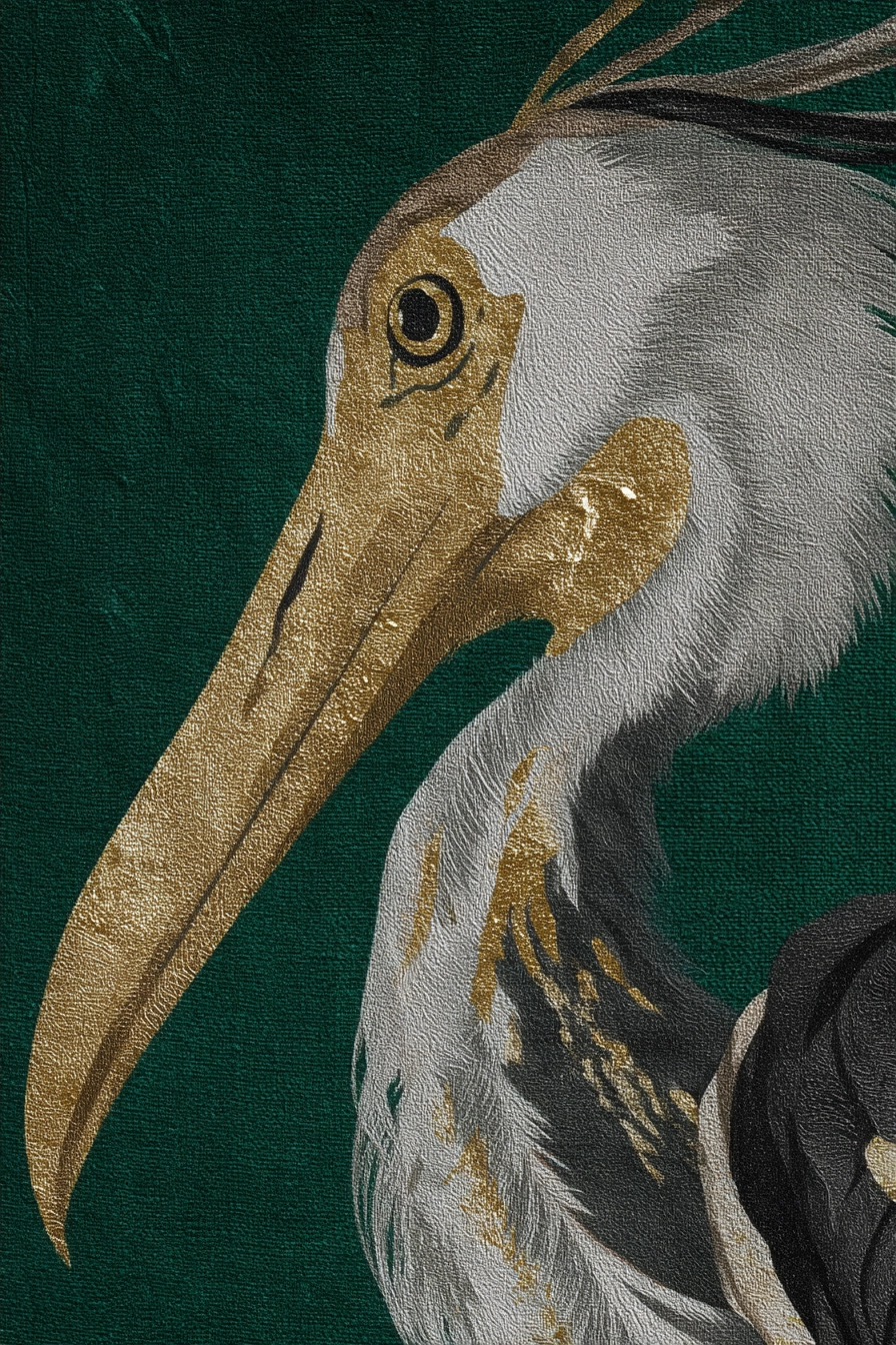 Kuenstlerische Darstellung Eines Vogels Heron Gold Grau Auf Gruenem Hintergrund | Grandeur Chic | Einrichtungsstile