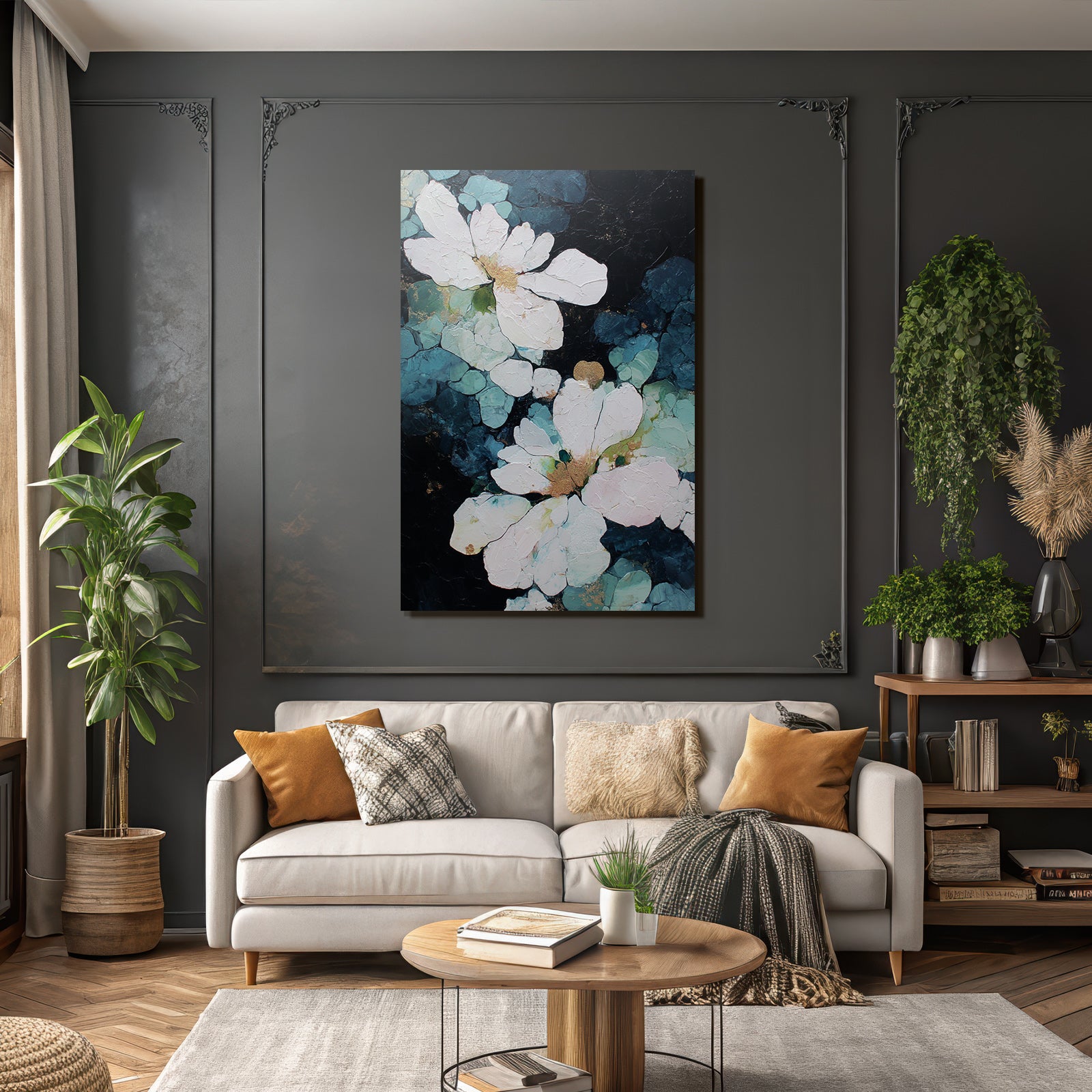 Kuenstlerische Darstellung Von Blumen Weiss Tuerkis Gold