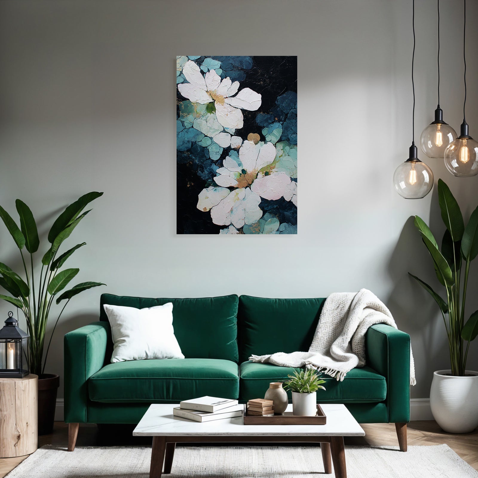 Kuenstlerische Darstellung Von Blumen Weiss Tuerkis Gold