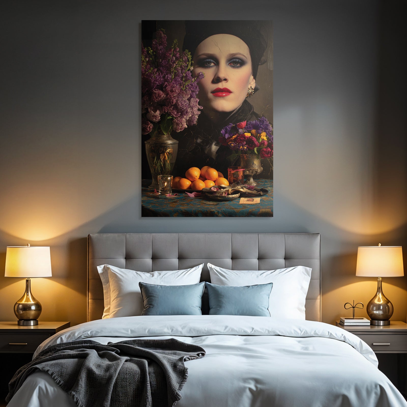 Lebendes Gemaelde Und Blumen Mit Orangen Und Kerzenlicht