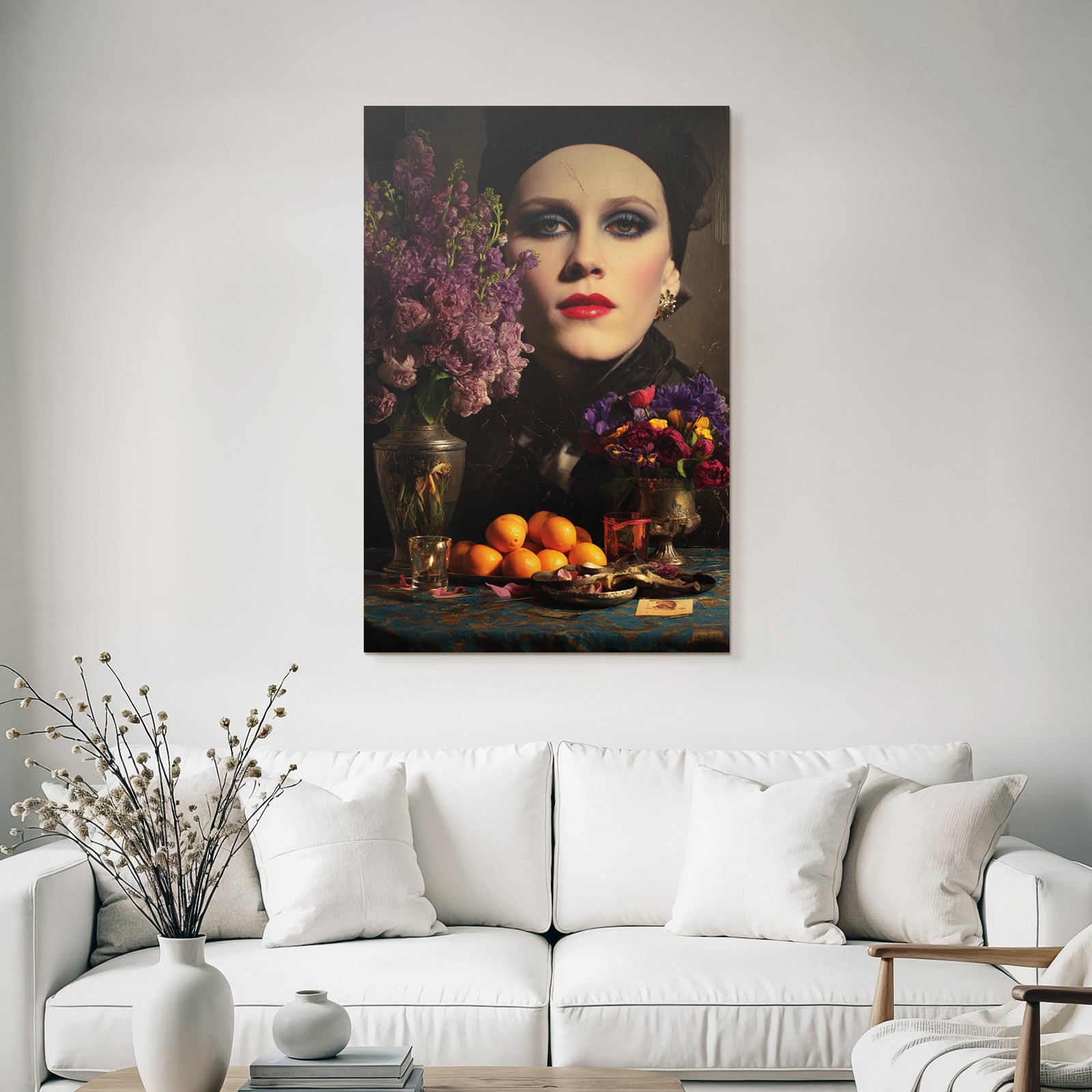 Lebendes Gemaelde Und Blumen Mit Orangen Und Kerzenlicht