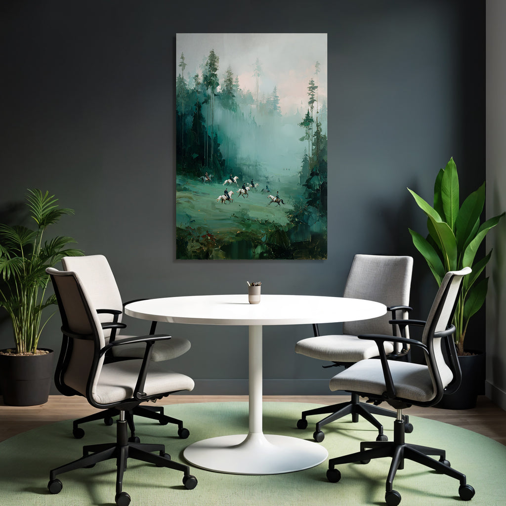 Nebeliger Landschaft Mit Pferden Und Reitern