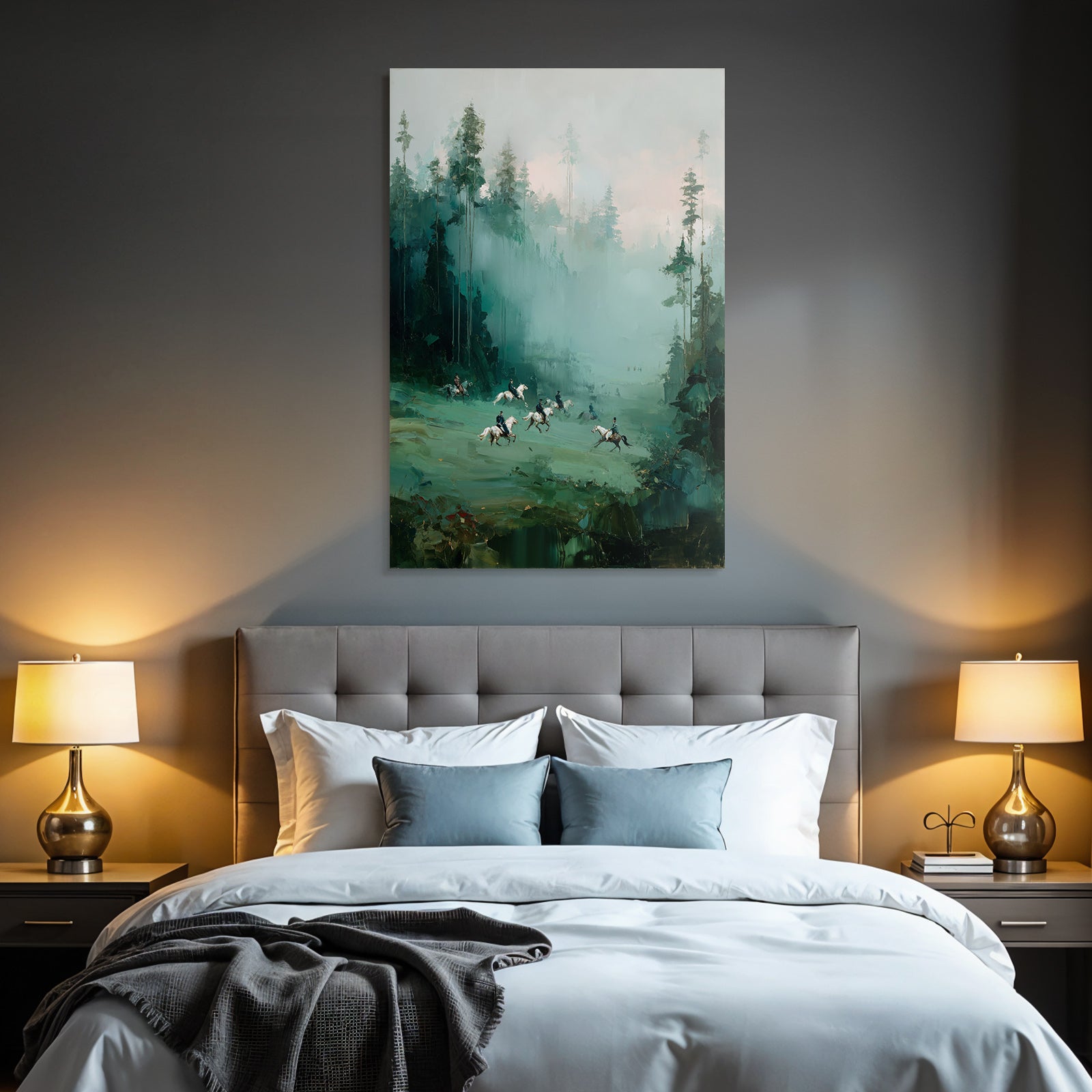 Nebeliger Landschaft Mit Pferden Und Reitern