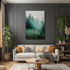 Nebeliger Landschaft Mit Pferden Und Reitern