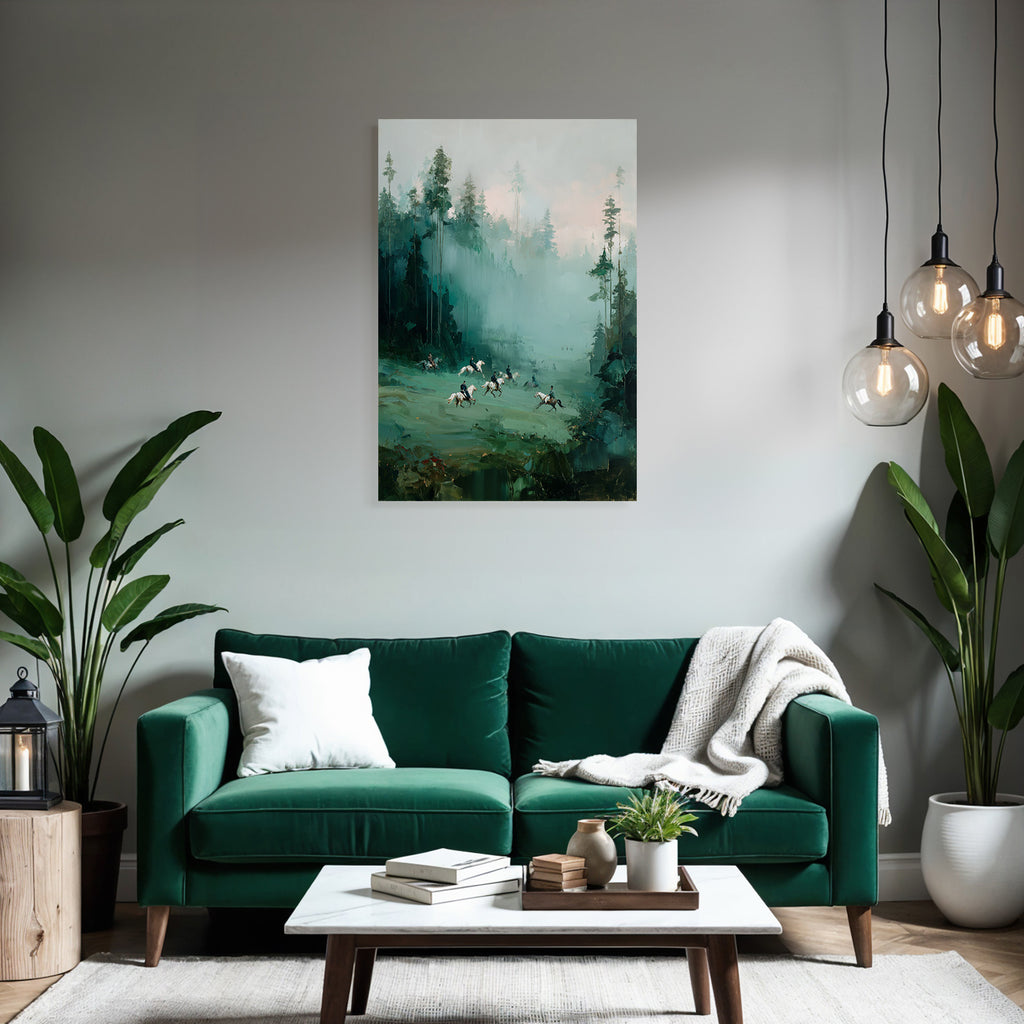 Nebeliger Landschaft Mit Pferden Und Reitern