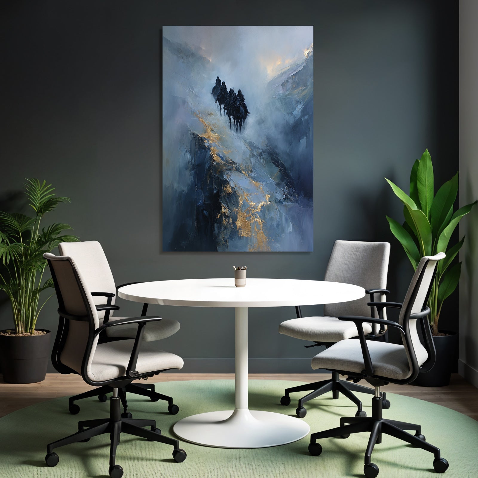 Reiterritt In Der Nebeligen Landschaft Blau Und Gold
