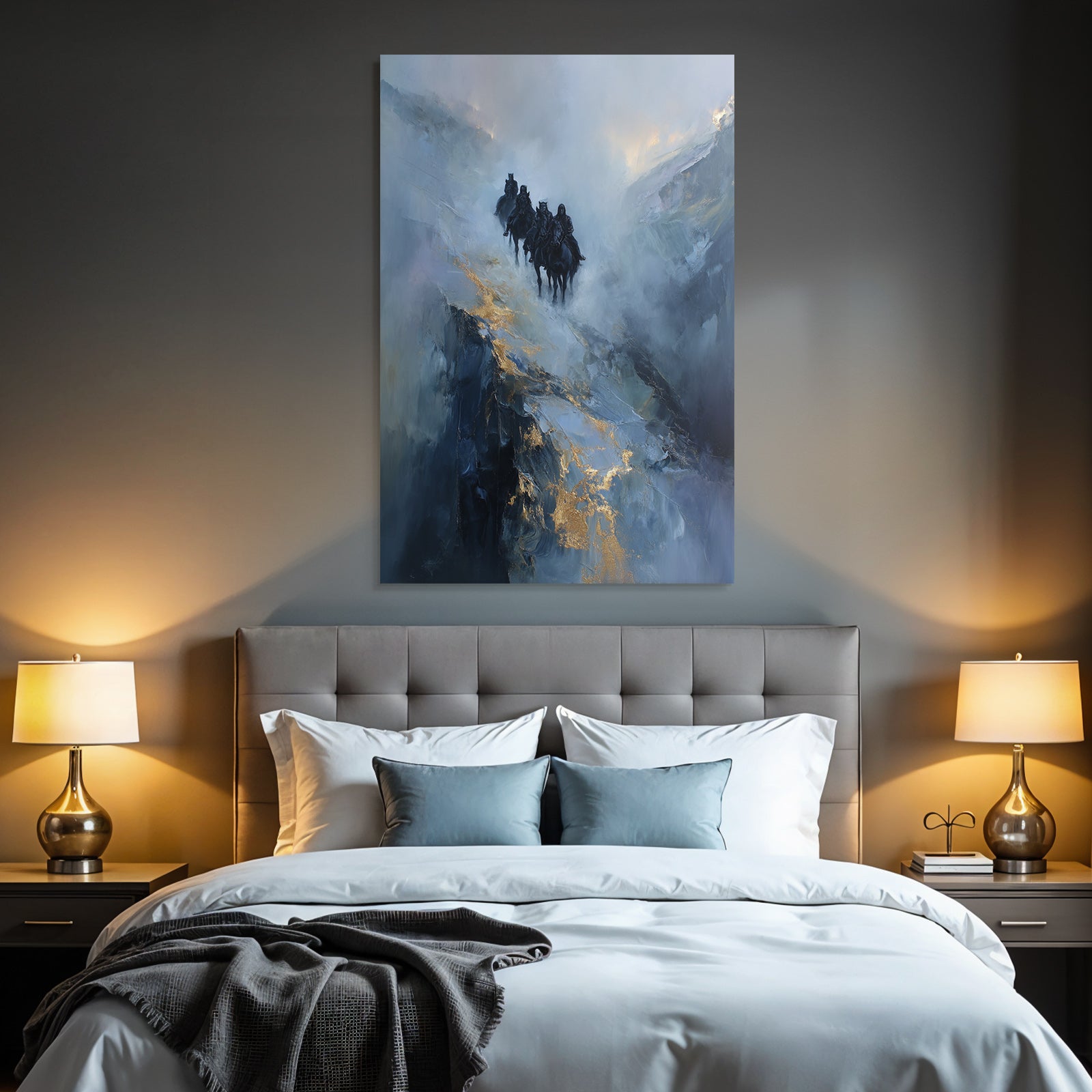 Reiterritt In Der Nebeligen Landschaft Blau Und Gold