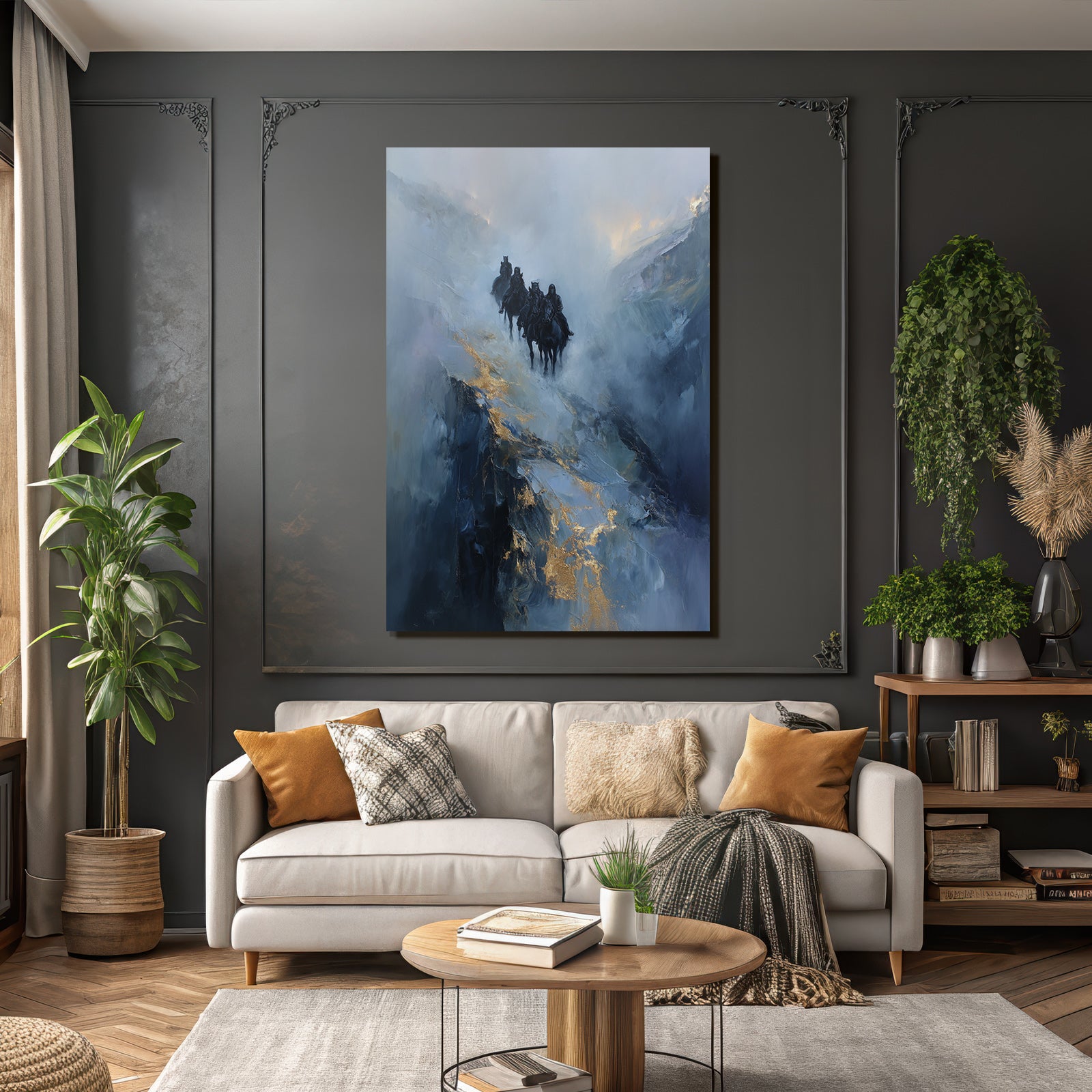 Reiterritt In Der Nebeligen Landschaft Blau Und Gold