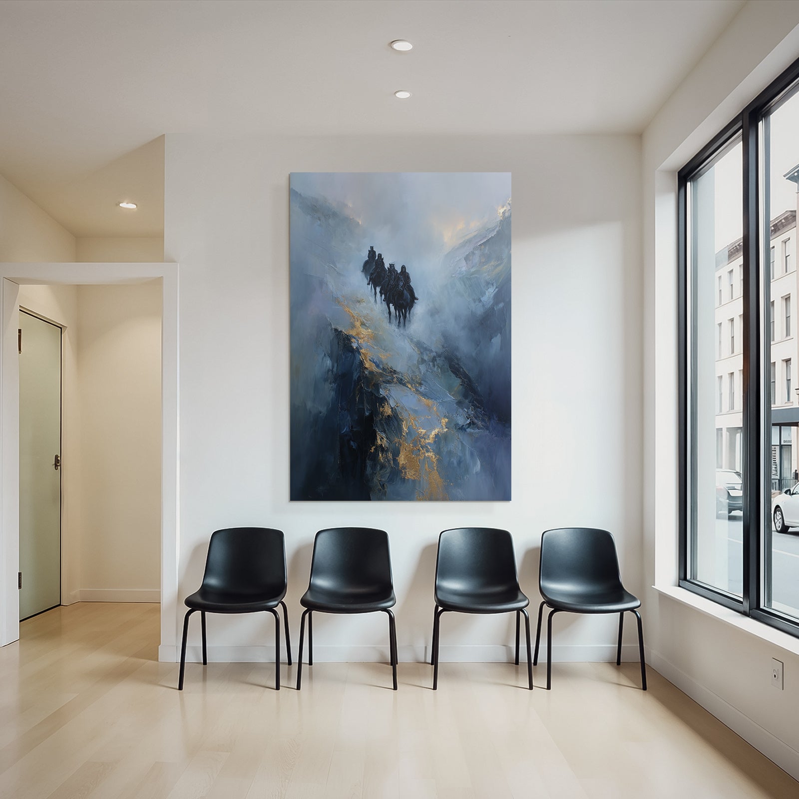 Reiterritt In Der Nebeligen Landschaft Blau Und Gold