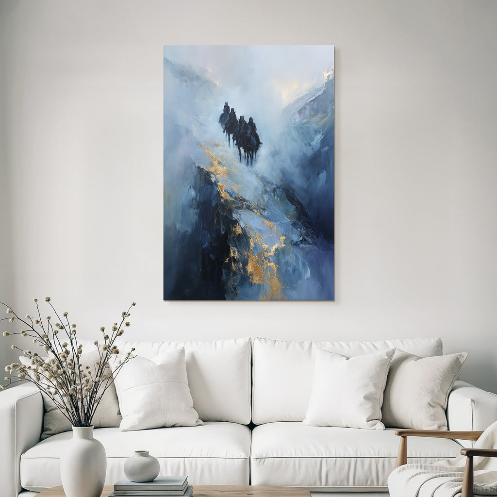 Reiterritt In Der Nebeligen Landschaft Blau Und Gold