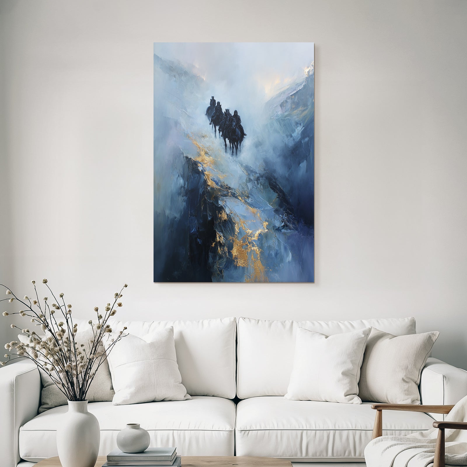 Reiterritt In Der Nebeligen Landschaft Blau Und Gold