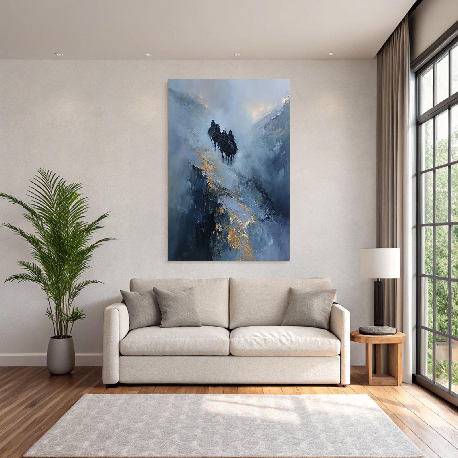 Reiterritt In Der Nebeligen Landschaft Blau Und Gold