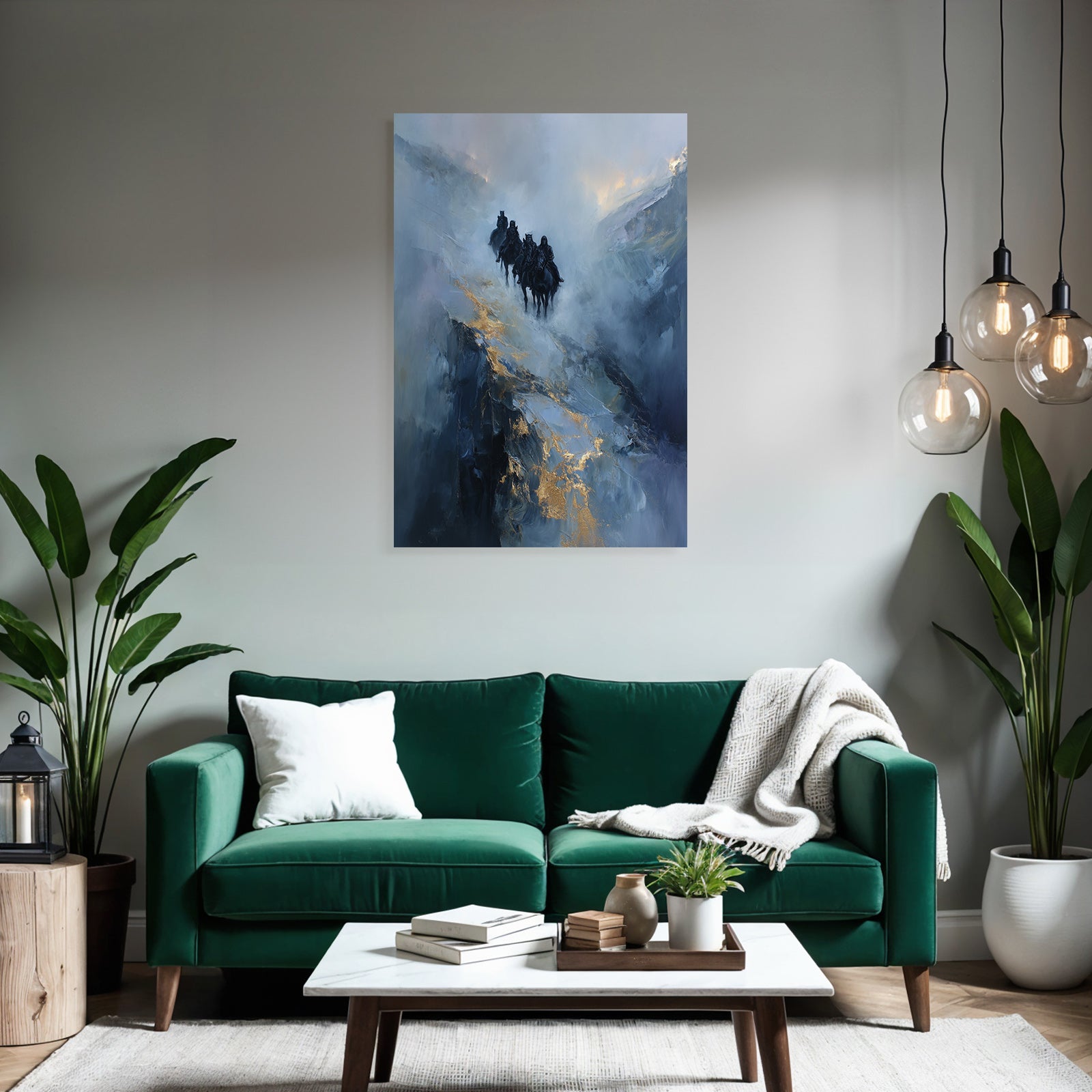 Reiterritt In Der Nebeligen Landschaft Blau Und Gold