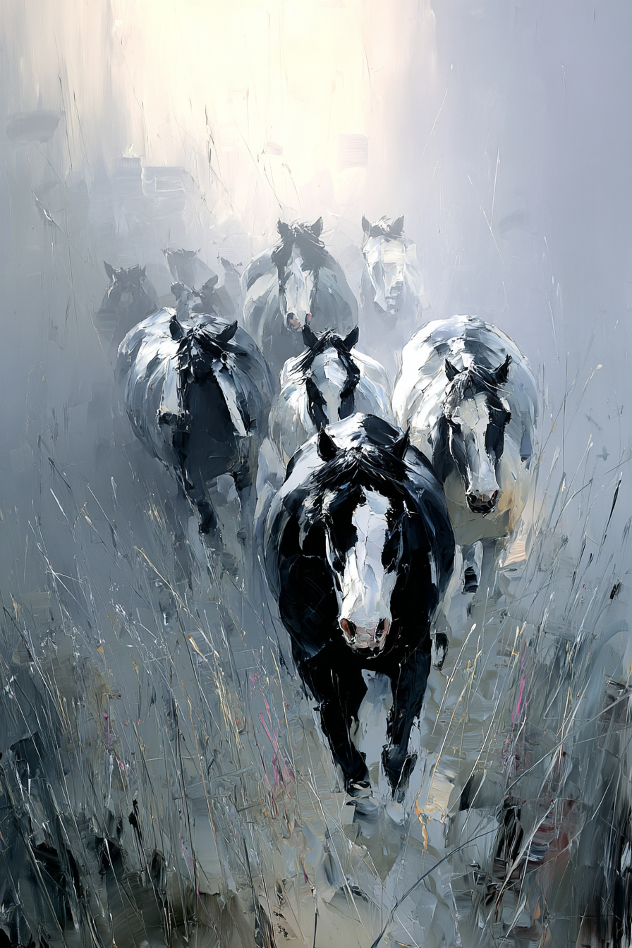 Schwarze Und Weisse Kuehe Im Nebel Landschaft Impressionistisch | Grandeur Chic | Einrichtungsstile