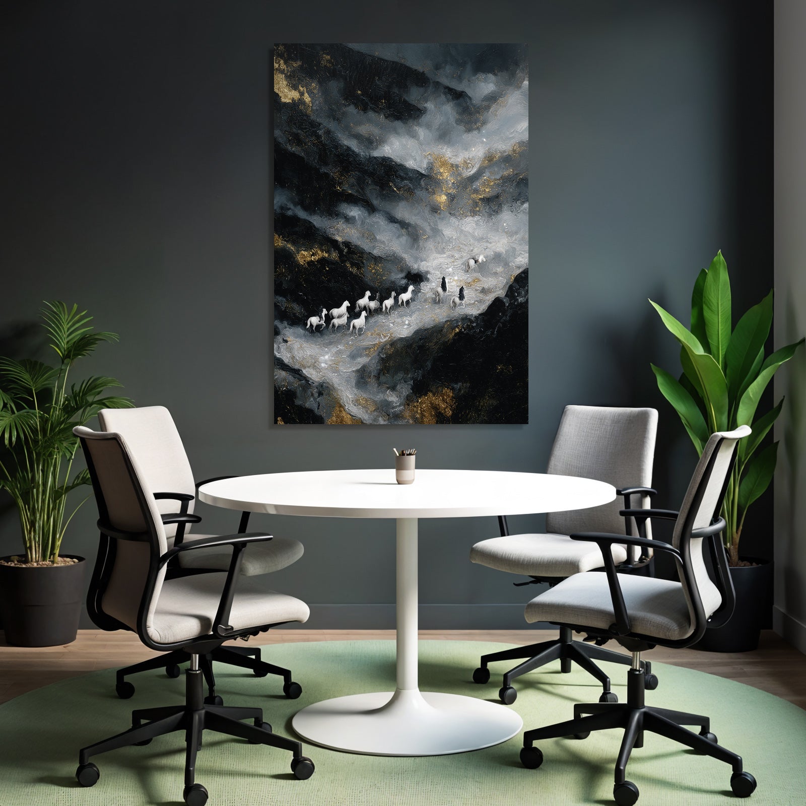Surrealistisch Landschaft Mit Weissen Pferden Und Figuren