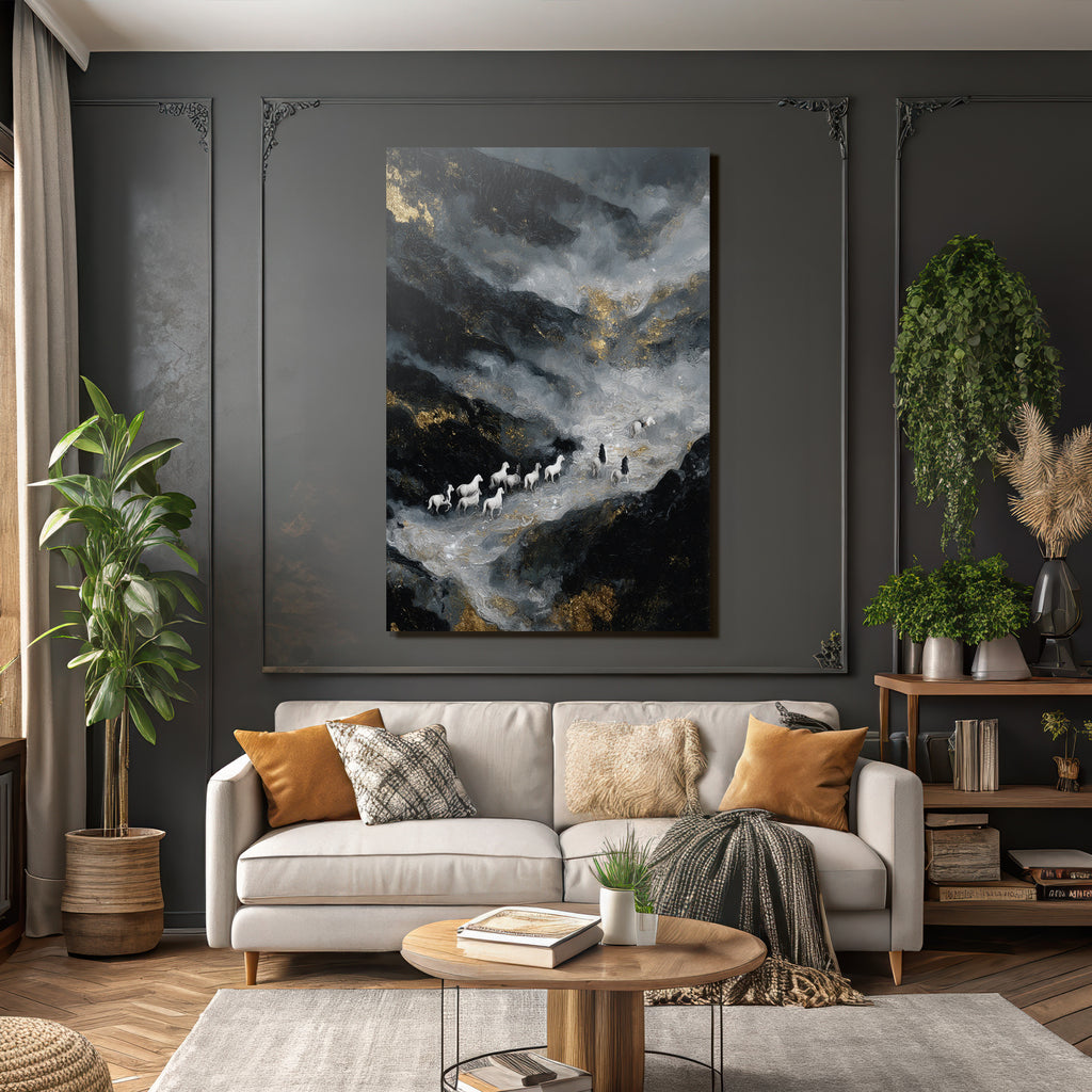 Surrealistisch Landschaft Mit Weissen Pferden Und Figuren