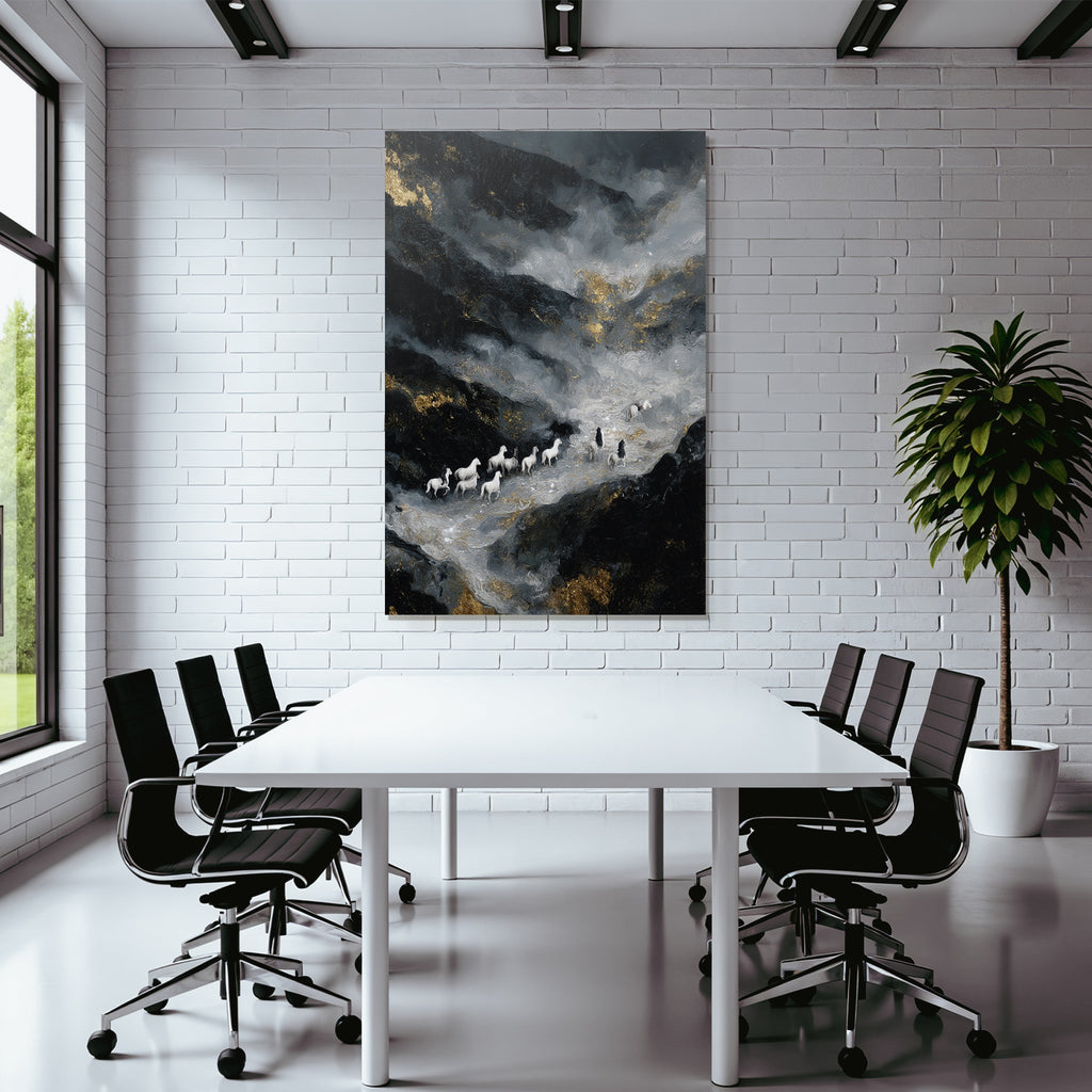 Surrealistisch Landschaft Mit Weissen Pferden Und Figuren