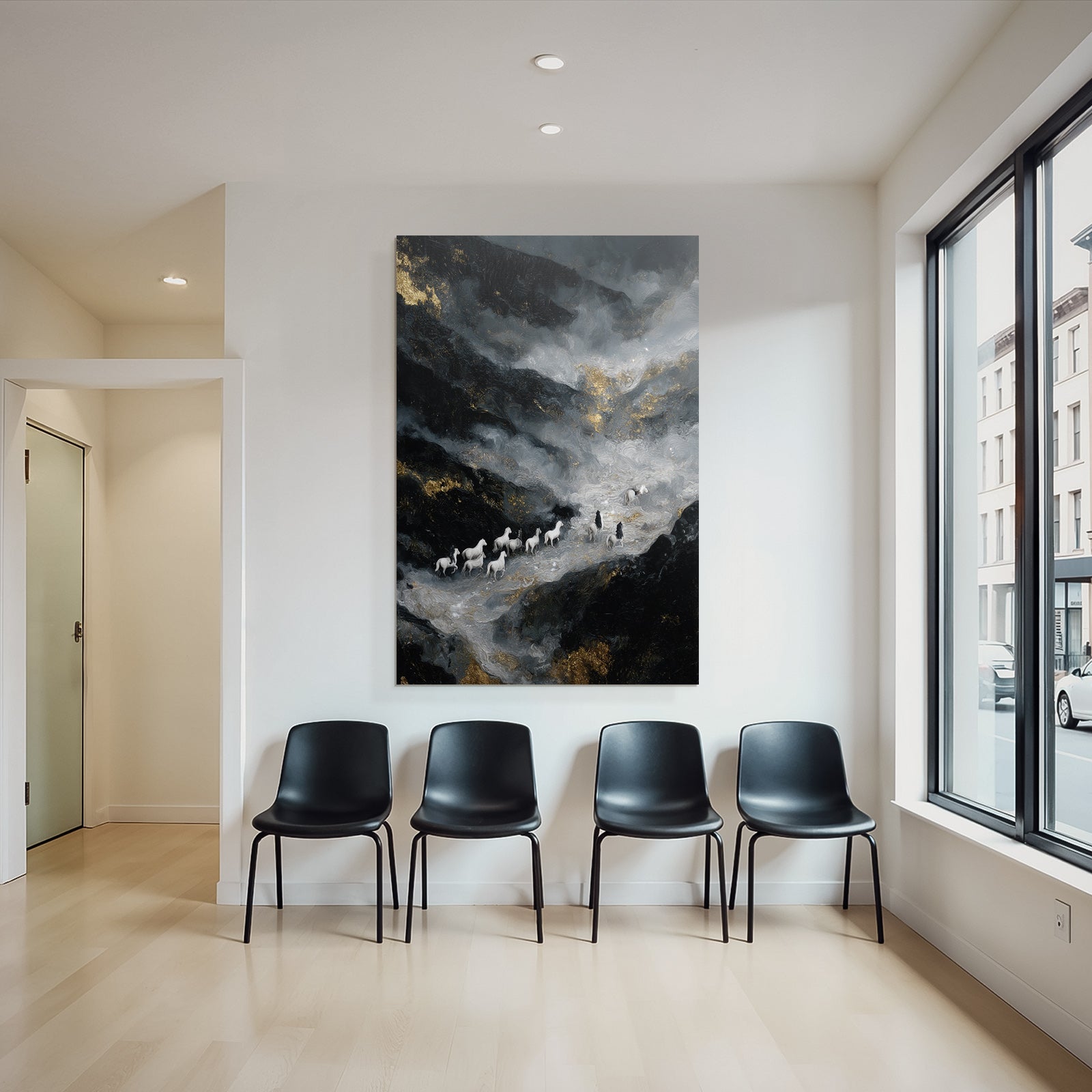 Surrealistisch Landschaft Mit Weissen Pferden Und Figuren