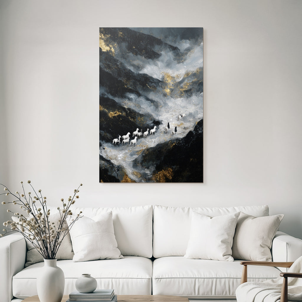 Surrealistisch Landschaft Mit Weissen Pferden Und Figuren