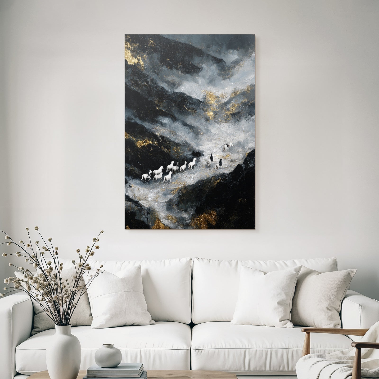 Surrealistisch Landschaft Mit Weissen Pferden Und Figuren