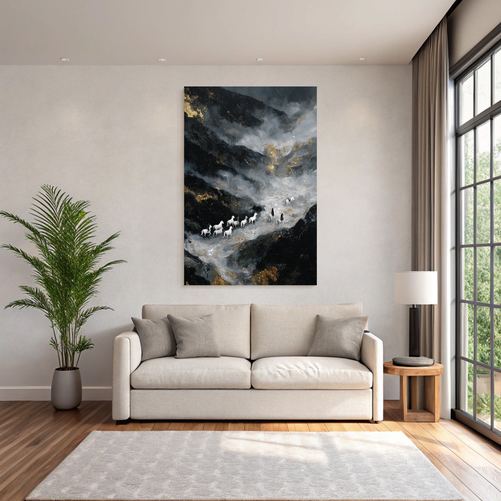 Surrealistisch Landschaft Mit Weissen Pferden Und Figuren
